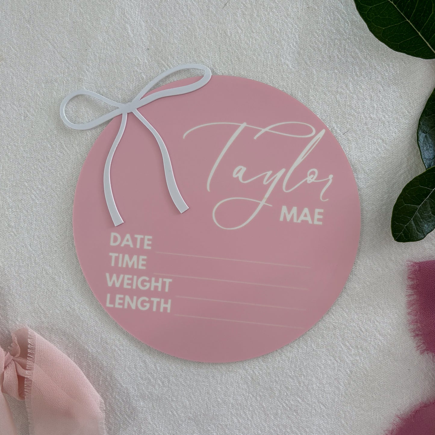Personalised Baby Announcement Sign Pink with Bow - Birth Plaque - Photo Decor Prop