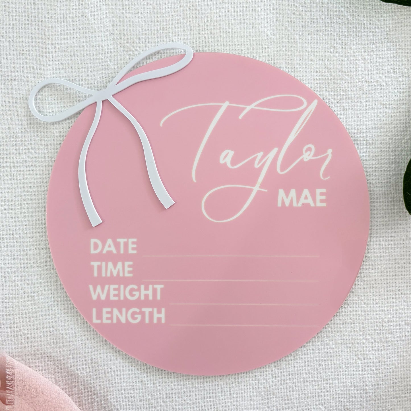 Personalised Baby Announcement Sign Pink with Bow - Birth Plaque - Photo Decor Prop