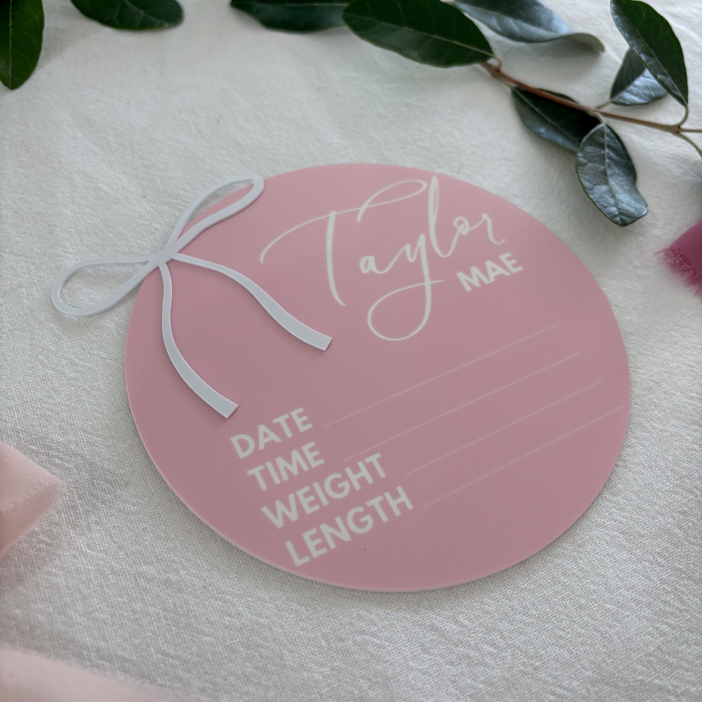Personalised Baby Announcement Sign Pink with Bow - Birth Plaque - Photo Decor Prop