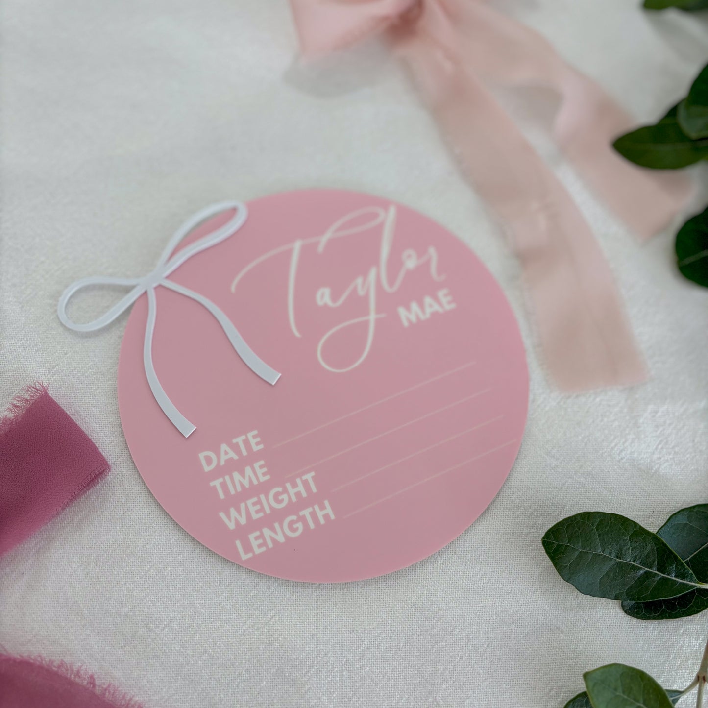 Personalised Baby Announcement Sign Pink with Bow - Birth Plaque - Photo Decor Prop