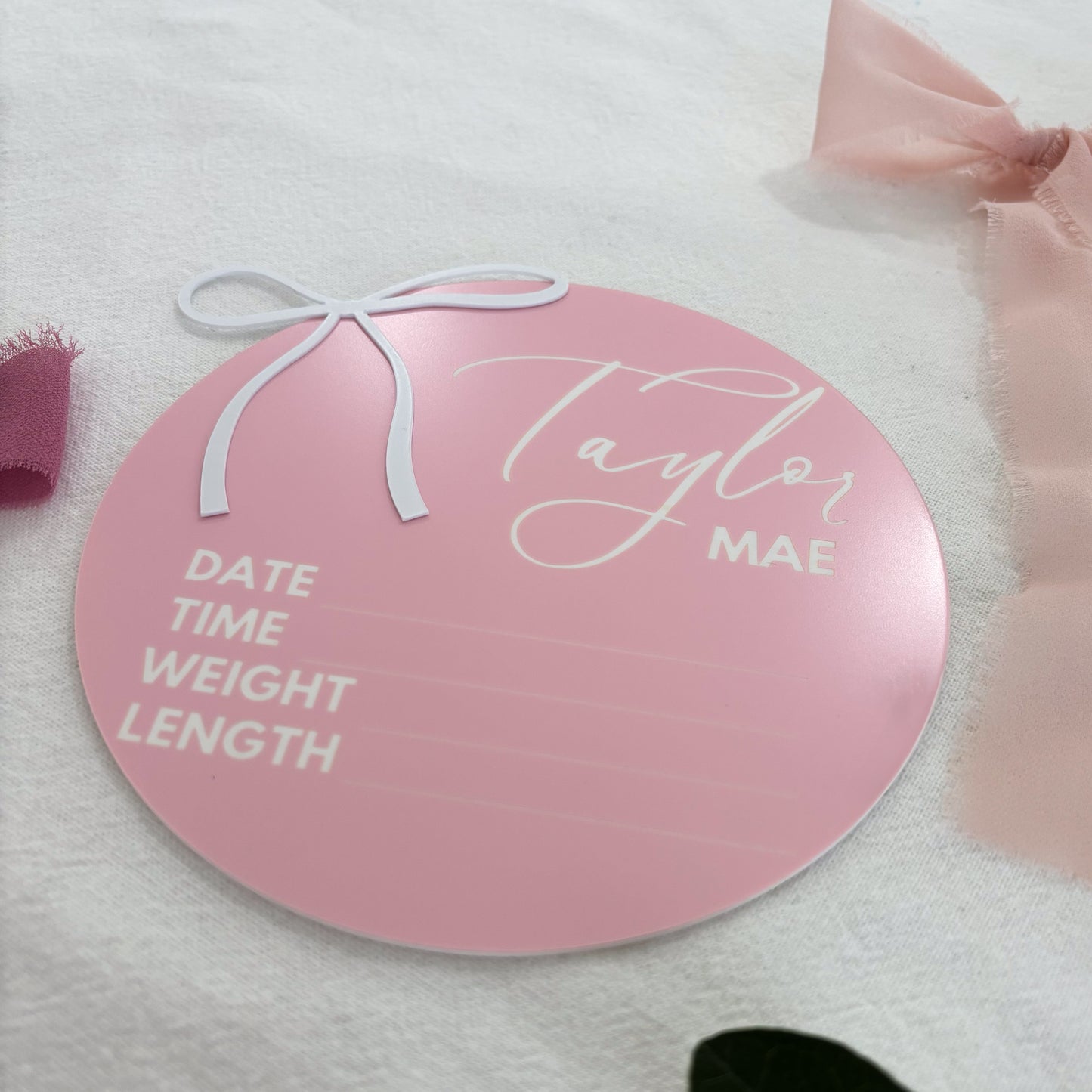 Personalised Baby Announcement Sign Pink with Bow - Birth Plaque - Photo Decor Prop