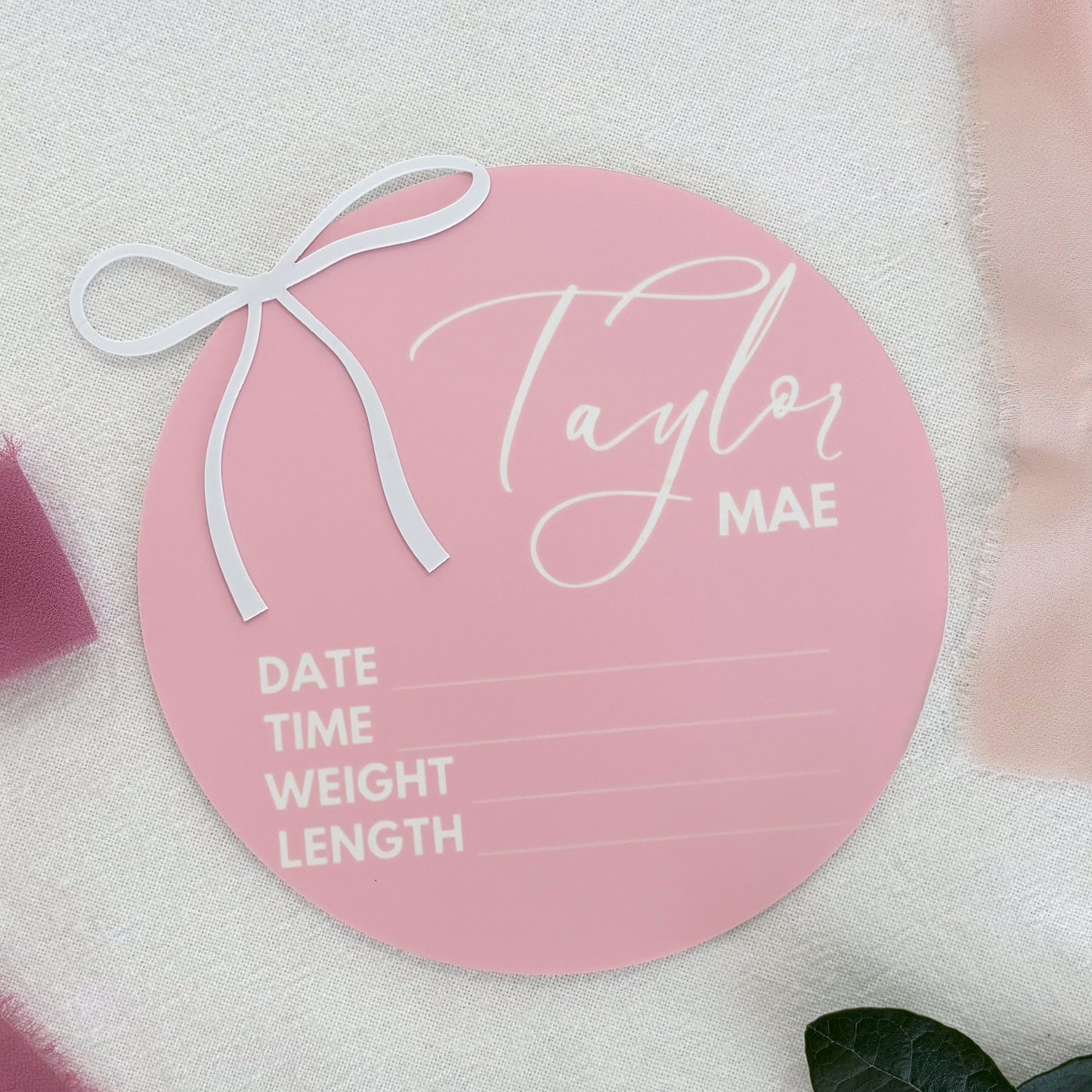 Personalised Baby Announcement Sign Pink with Bow - Birth Plaque - Photo Decor Prop