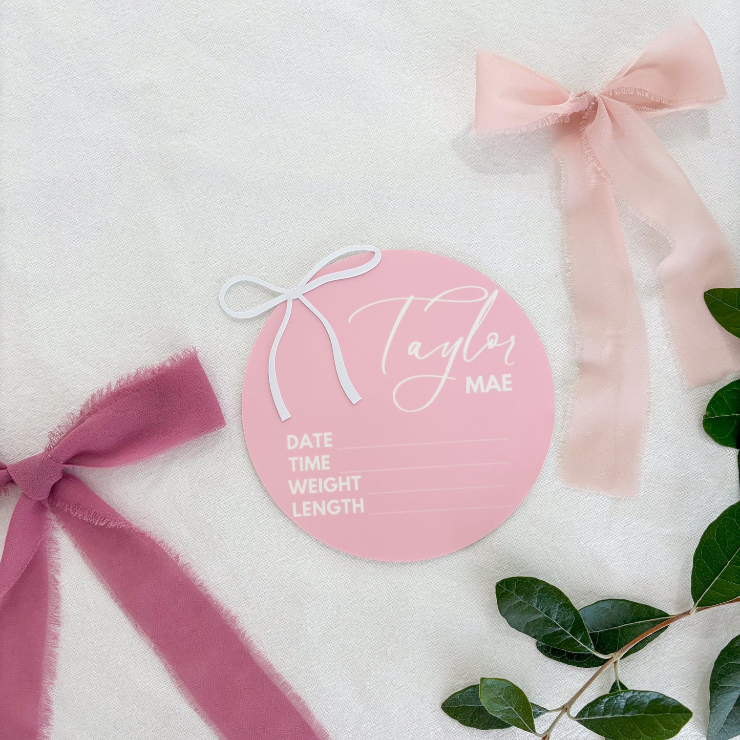 Personalised Baby Announcement Sign Pink with Bow - Birth Plaque - Photo Decor Prop