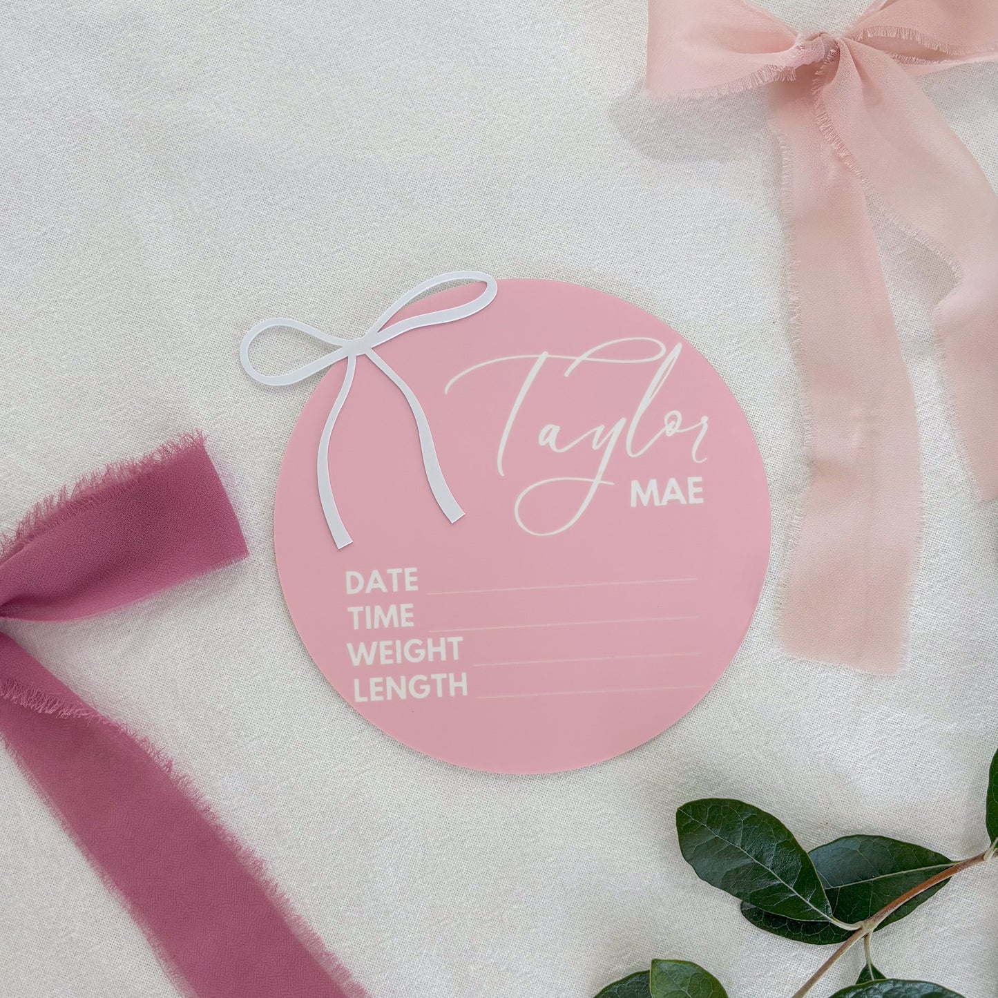 Personalised Baby Announcement Sign Pink with Bow - Birth Plaque - Photo Decor Prop