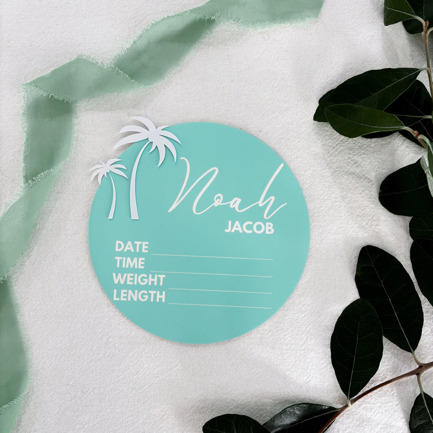 Personalised Baby Announcement Sign Blue with Palm Trees - Birth Plaque - Photo Decor Prop