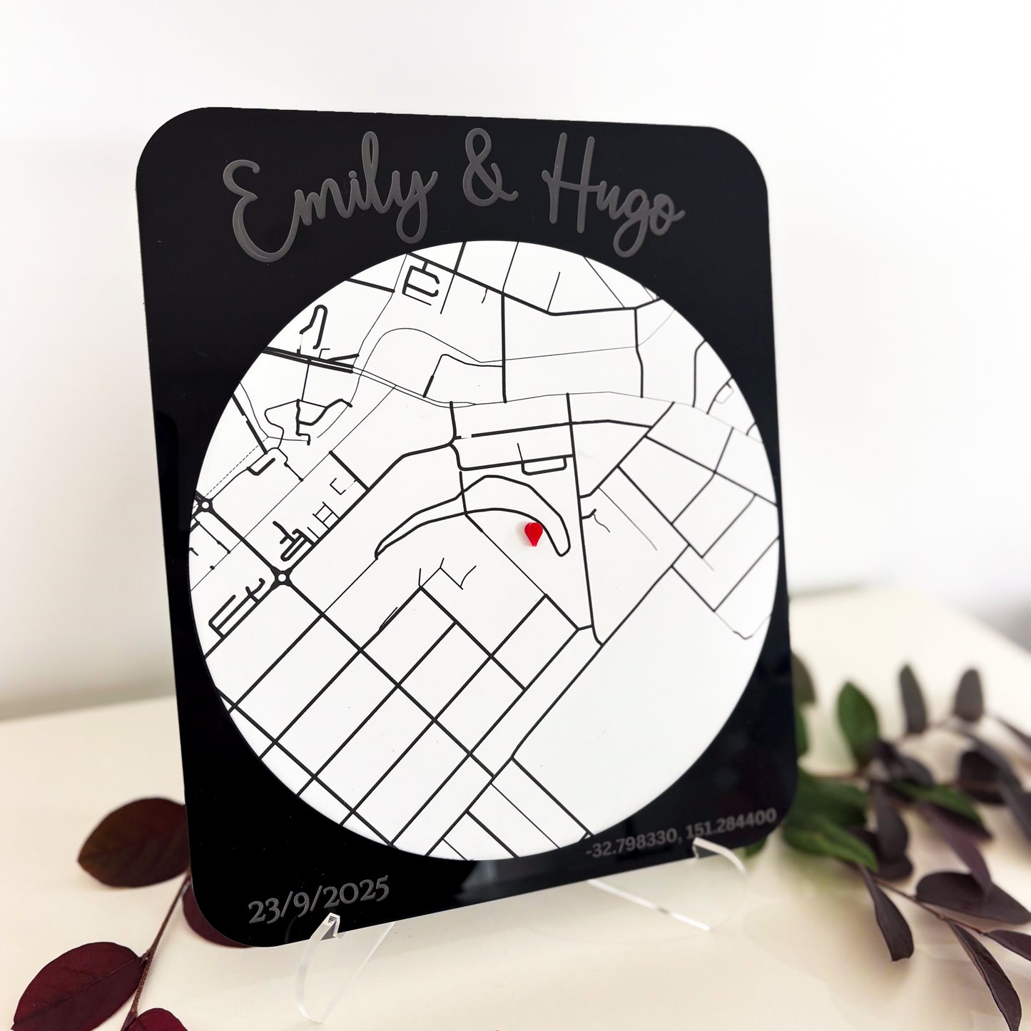 Personalised Location Map Plaque – Custom Engraved with Names, Date & Coordinates
