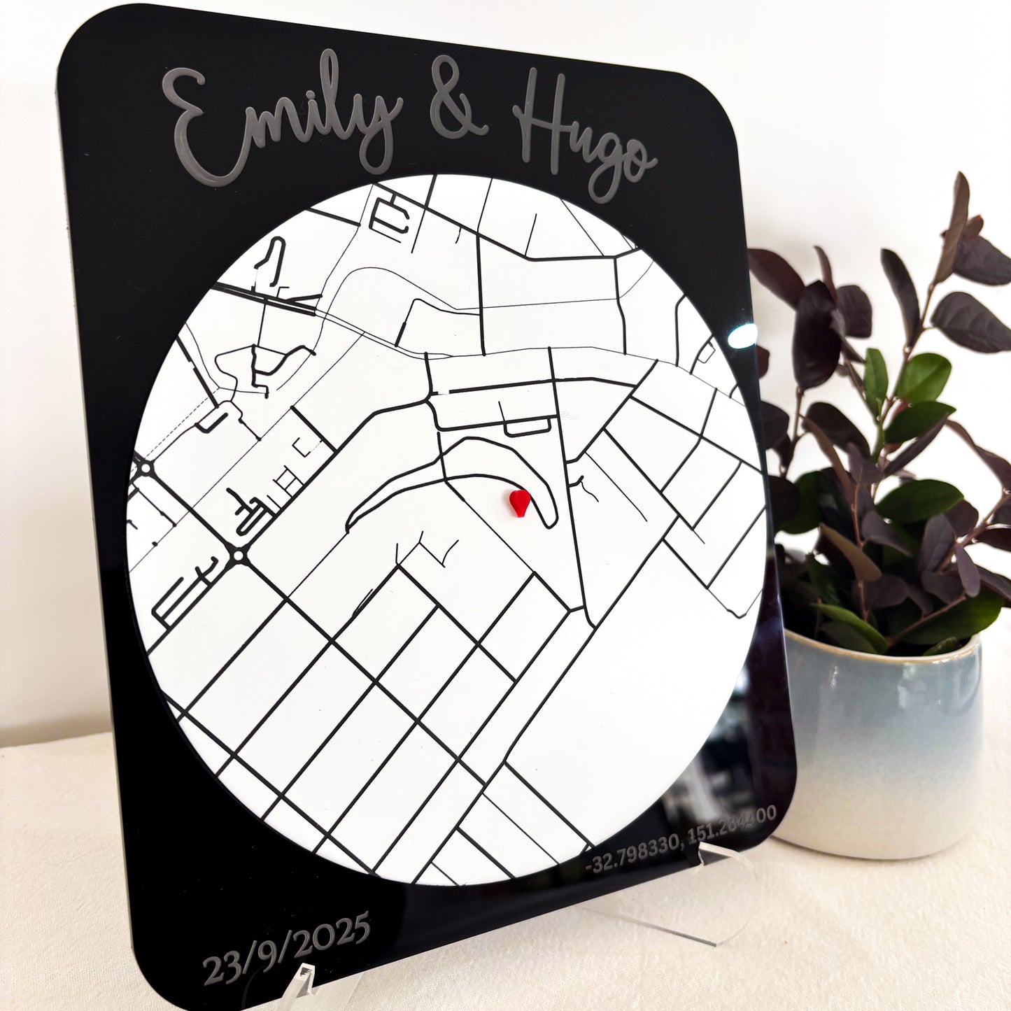 Personalised Location Map Plaque – Custom Engraved with Names, Date & Coordinates