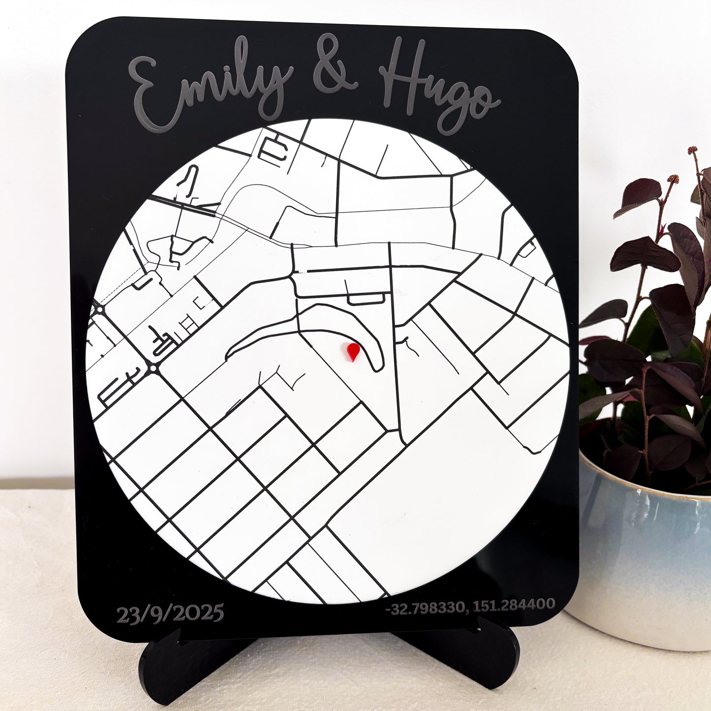 Personalised Location Map Plaque – Custom Engraved with Names, Date & Coordinates