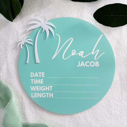 Personalised Baby Announcement Sign Blue with Palm Trees - Birth Plaque - Photo Decor Prop