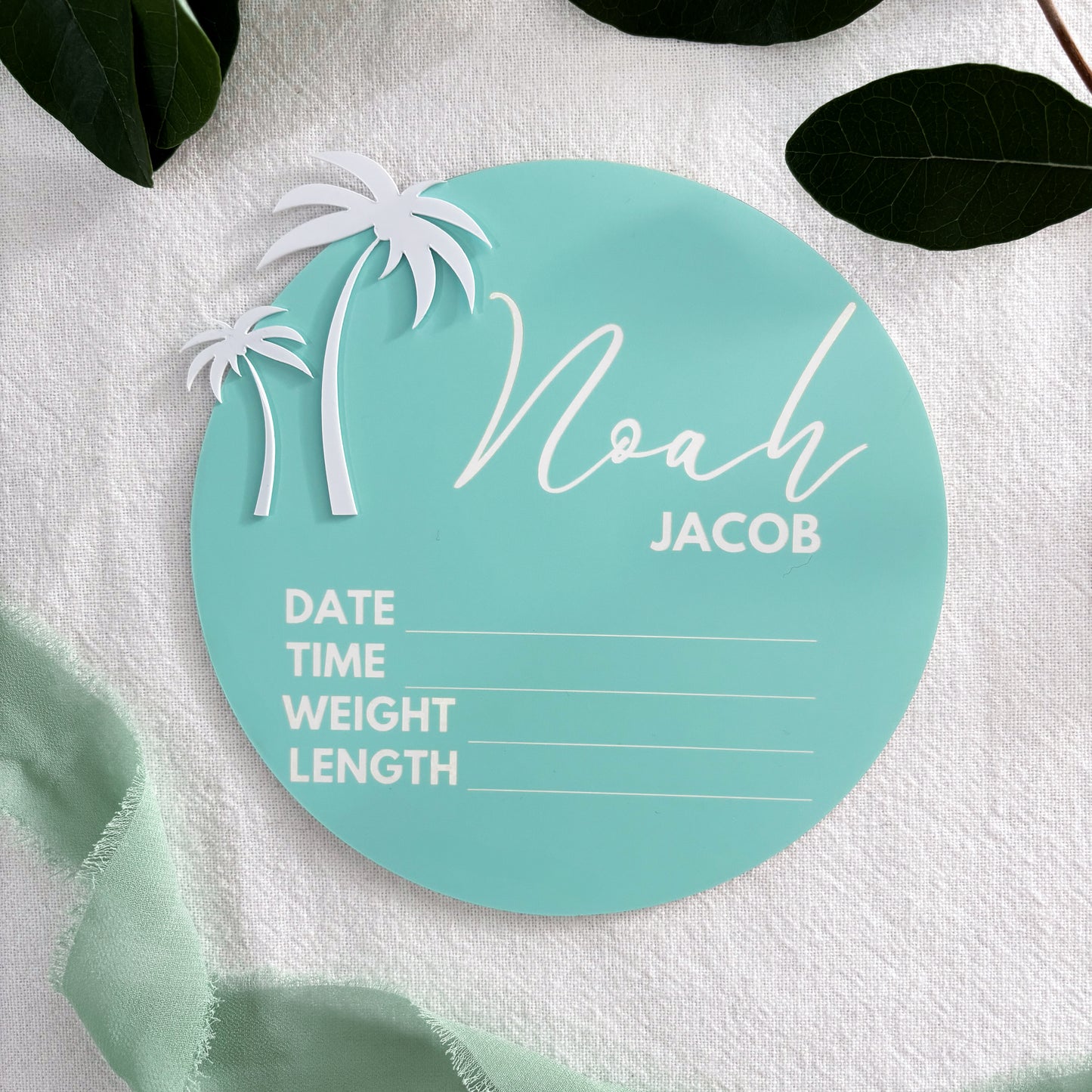 Personalised Baby Announcement Sign Blue with Palm Trees - Birth Plaque - Photo Decor Prop