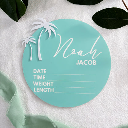 Personalised Baby Announcement Sign Blue with Palm Trees - Birth Plaque - Photo Decor Prop