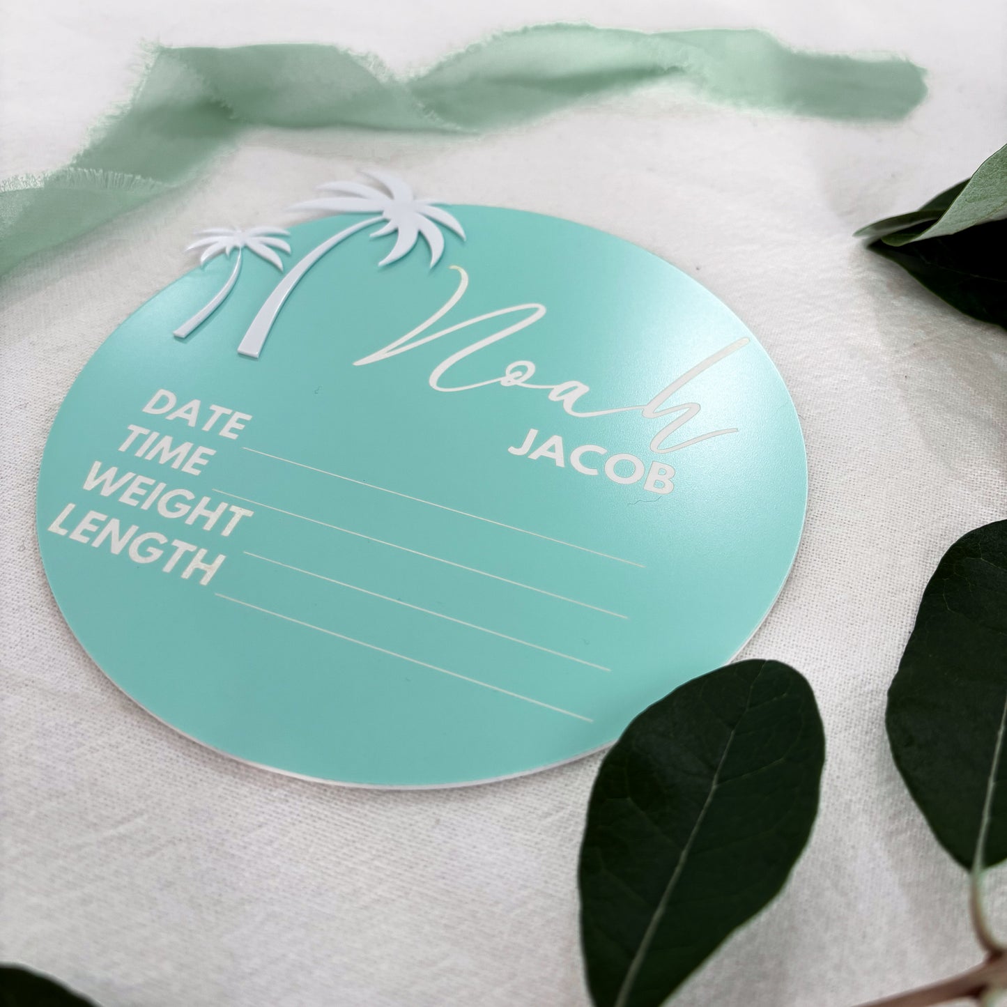 Personalised Baby Announcement Sign Blue with Palm Trees - Birth Plaque - Photo Decor Prop