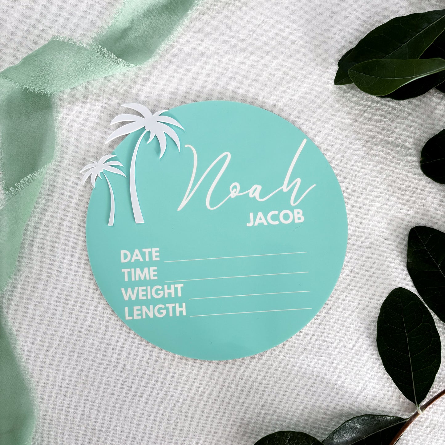 Personalised Baby Announcement Sign Blue with Palm Trees - Birth Plaque - Photo Decor Prop