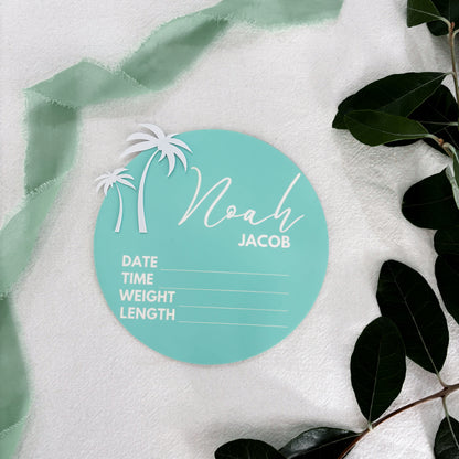 Personalised Baby Announcement Sign Blue with Palm Trees - Birth Plaque - Photo Decor Prop
