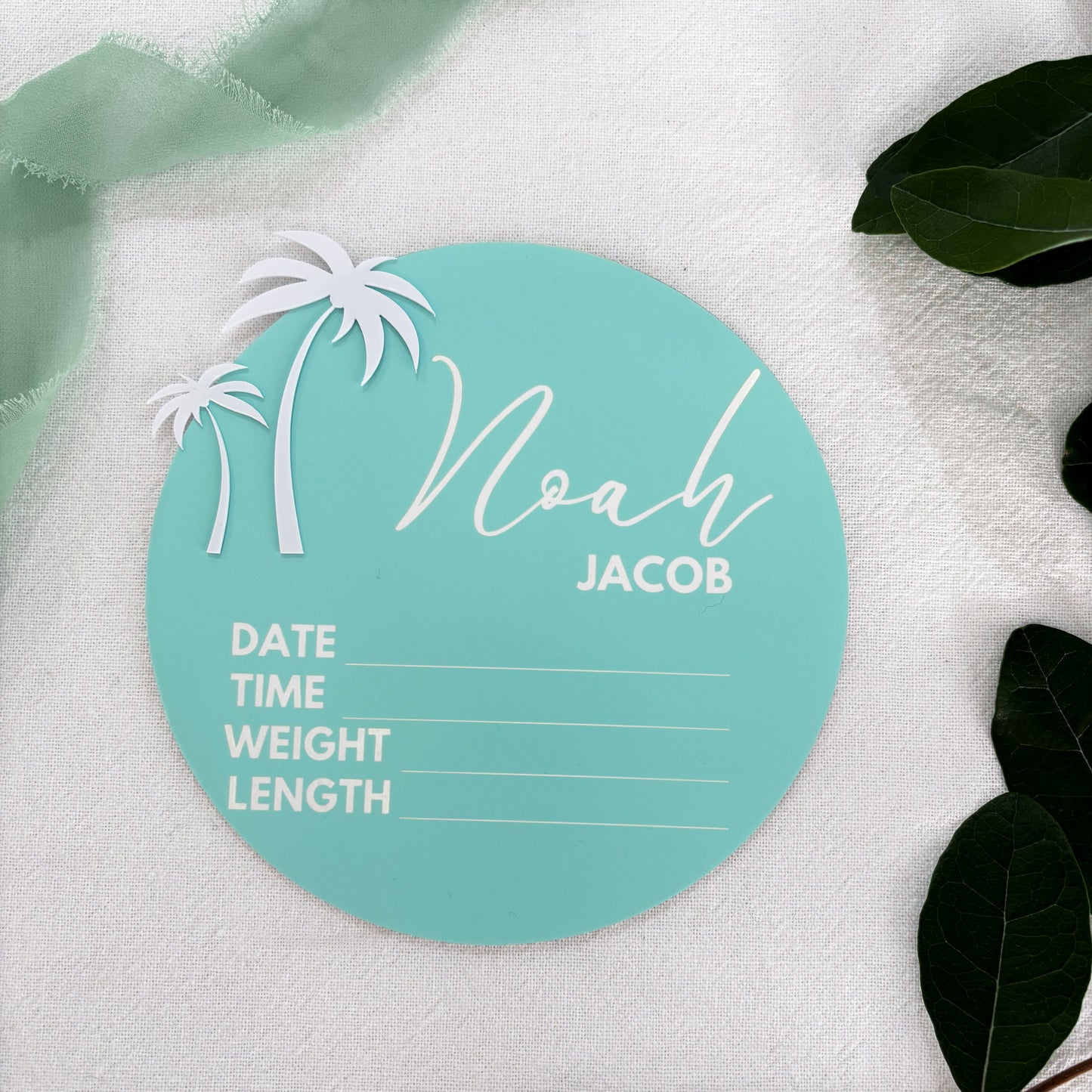 Personalised Baby Announcement Sign Blue with Palm Trees - Birth Plaque - Photo Decor Prop