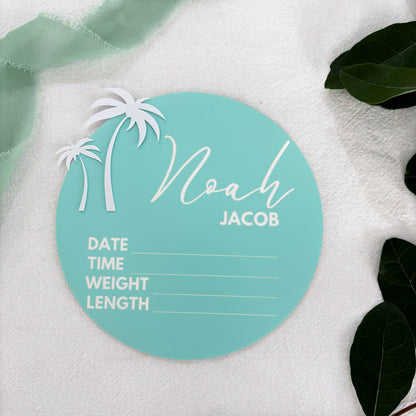 Personalised Baby Announcement Sign Blue with Palm Trees - Birth Plaque - Photo Decor Prop