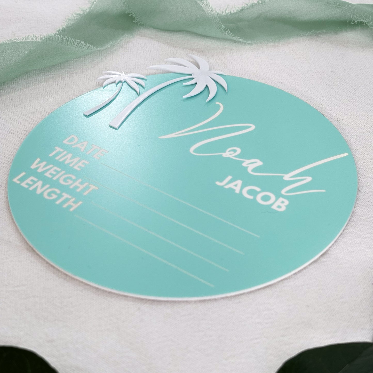 Personalised Baby Announcement Sign Blue with Palm Trees - Birth Plaque - Photo Decor Prop