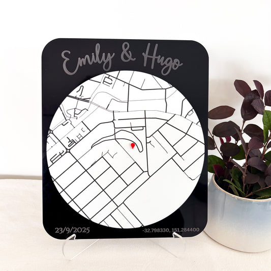 Personalised Location Map Plaque – Custom Engraved with Names, Date & Coordinates