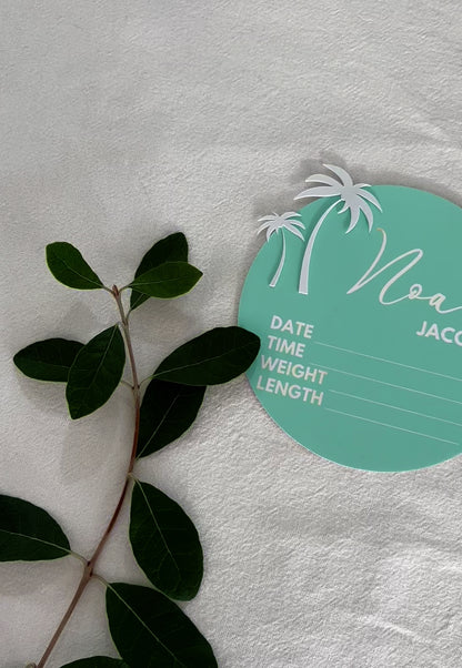 Personalised Baby Announcement Sign Blue with Palm Trees - Birth Plaque - Photo Decor Prop